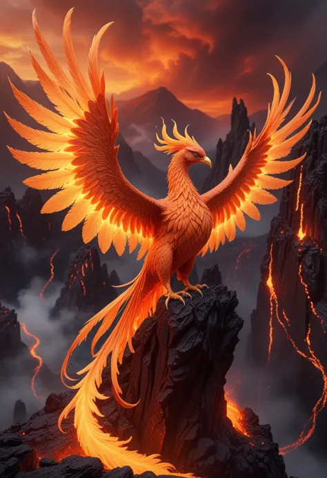 (medium full shot) of a resplendent phoenix with fiery orange plumage glowing brilliantly, ethereal wings unfurled majestically,...