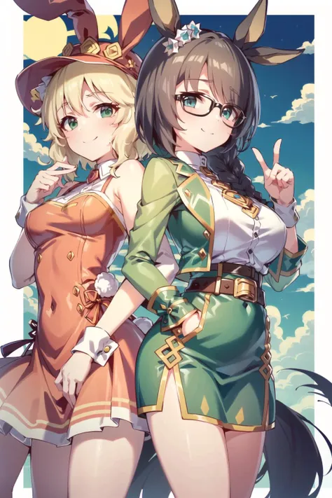 two anime girls in bunny ears and green dresses posing for a picture