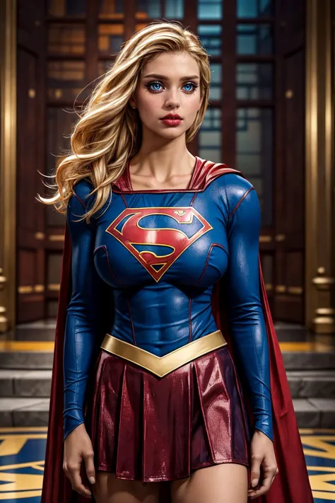 (ultra realistic,32k, masterpiece:1.2),(high detailed skin:1.1),( high quality:1.1),
<lora:supergirl:0.7>supergirl,blonde hair, long hair,pain, red cape, blue shirt, belt, blue skirt, knee boot,sulking,  enigma's enclave, riddles and puzzles, enigmatic guardians, secret knowledge blurry background,,(looking at viewer, standing, from below:1.1),, (huge breast,large breast:1.2),<lora:add_detail:0.95>,
(iridescence:1.1),