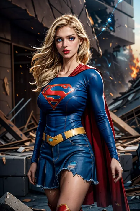 (ultra realistic,32k, masterpiece:1.2),(high detailed skin:1.1),( high quality:1.1),
<lora:supergirl:0.7>supergirl,blonde hair, long hair,nosebleed, red cape, blue shirt, belt, blue skirt, knee boot, angry,v-shaped eyebrows, cyberspace dive bar,   hangouts, glitched simulations, encrypted chat rooms, shady deals ,(tattered torn clothing:1.1), destroyed buildings, collapsed buildings,(falling rocks,falling particles:1.1),fire, smoke,,(looking at viewer, standing:1.1),, (huge breast,large breast:1.1),<lora:add_detail:0.99>,
(iridescence:1.1),