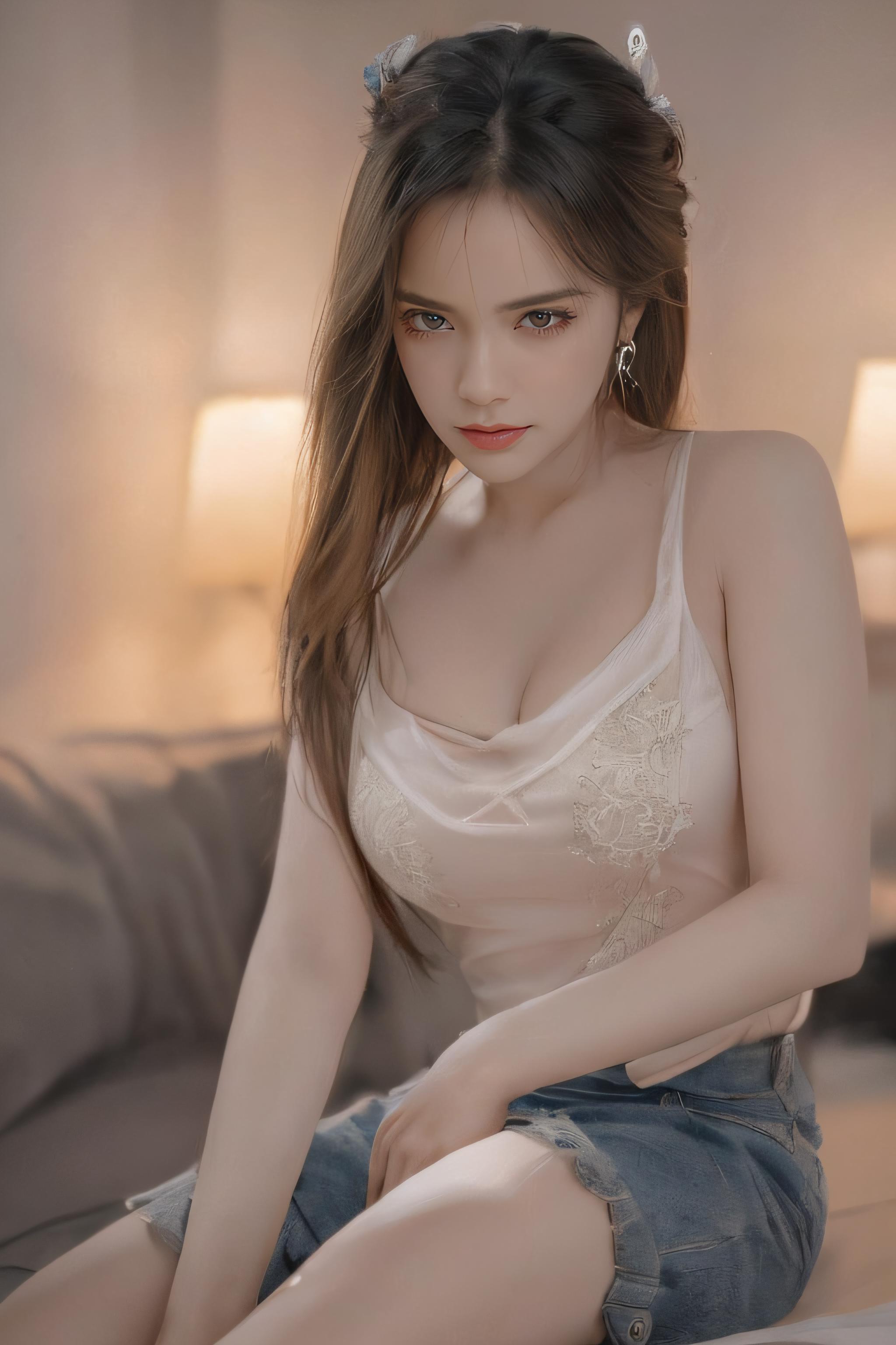 A woman sitting on a bed wearing a white top and denim shorts - SeaArt AI