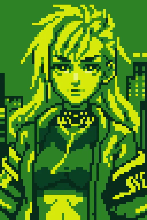 <lora:Gameboy Palette Style:0.5> green theme, limited color, gb_palette, masterpiece, best quality, 1girl, cyberpunk, wearing cy...