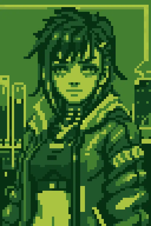 <lora:Gameboy Palette Style:0.6> green theme, limited color, gb_palette, masterpiece, best quality, 1girl, cyberpunk, wearing cy...