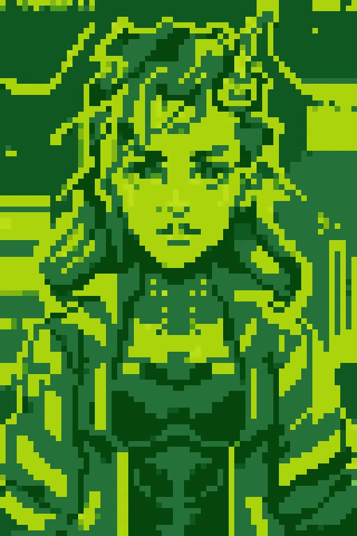<lora:Gameboy Palette Style:0.9> green theme, limited color, gb_palette, masterpiece, best quality, 1girl, cyberpunk, wearing cy...