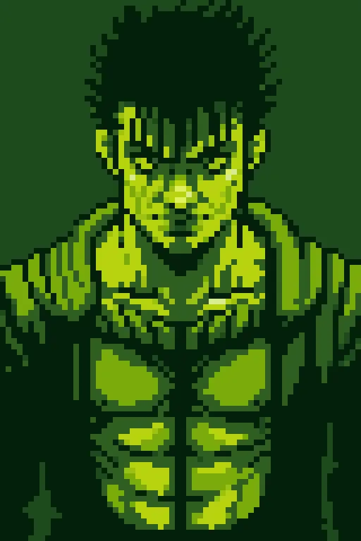 1boy, guts (berserk), upperbody,  green theme, limited color, gb_palette <lora:Gameboy Palette Style:0.6>