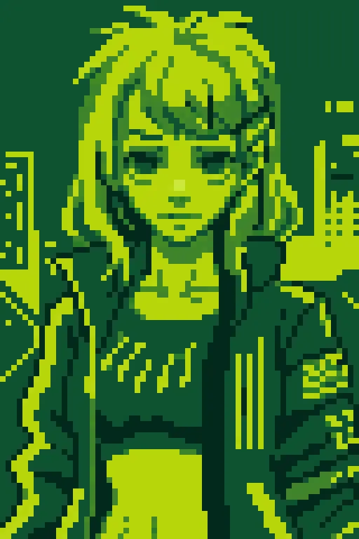 <lora:Gameboy Palette Style:0.4> green theme, limited color, gb_palette, masterpiece, best quality, 1girl, cyberpunk, wearing cy...