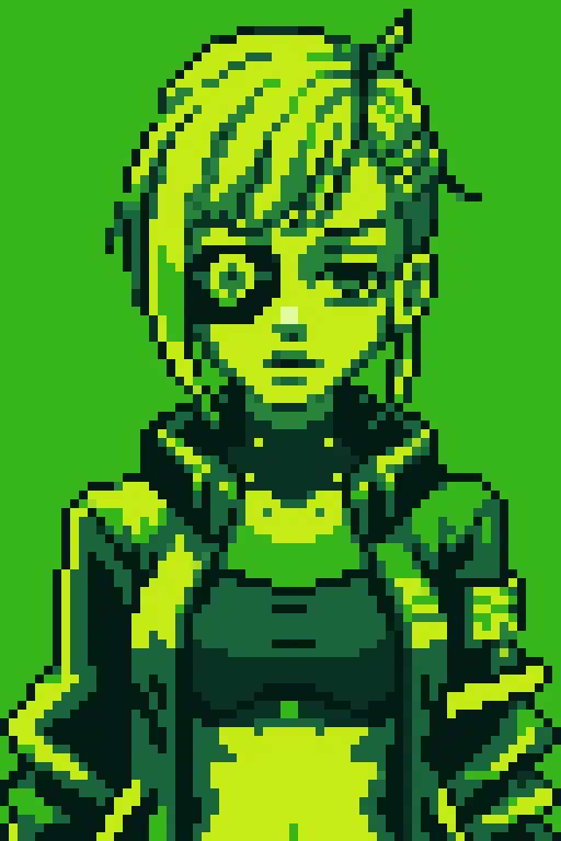 <lora:Gameboy Palette Style:0.4> green theme, limited color, gb_palette, masterpiece, best quality, 1girl, cyberpunk, wearing cy...