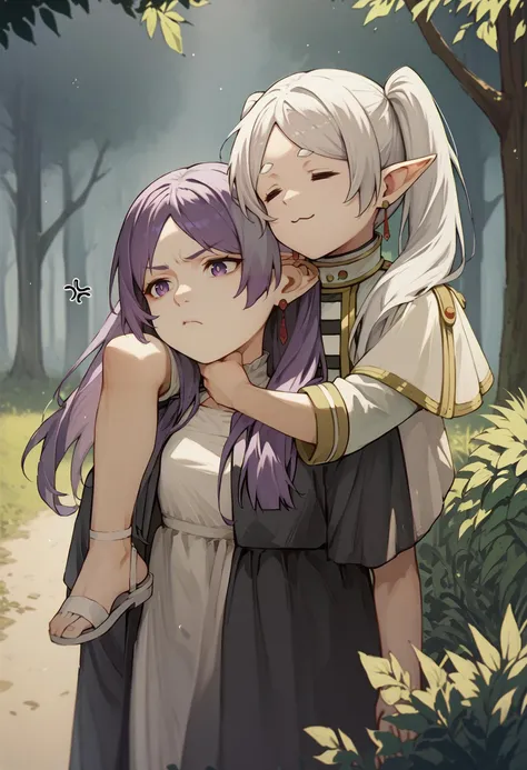 a couple of anime characters hugging in the woods