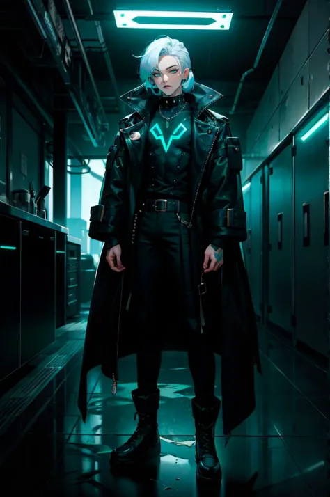 a man in a black coat and black boots standing in a hallway