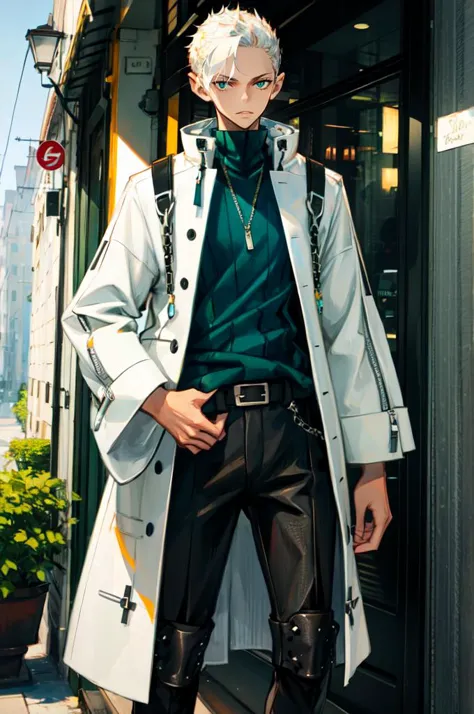 arafed male in a white coat and black pants standing on a sidewalk