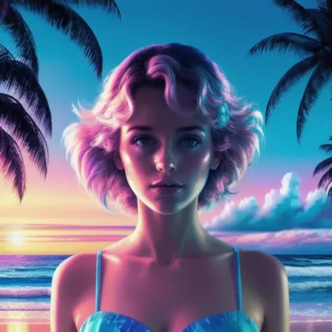 ((DSLR photo)), ((realistic)), <lora:VaporWaveV1:0.7>, VaporWaveV1, Best quality, detailed, (80s style:1.2), 1980, (retro:1.2), ((digital painting)) of a woman ((perfect face)), standing on a beach, sunset, palm trees, ocean, ((mystical)), (((ethereal))), Agnes Cecile, colorful, Carne Griffiths, hyper dramatic, 4k, epic, volumetric lighting <lora:theovercomer8sContrastFix_sd15:0.5>,