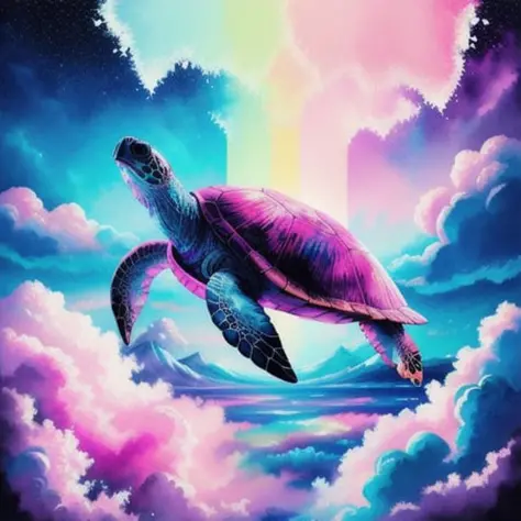 ((realistic)), <lora:vaporwavev1:0.7>, vaporwavev1, ((close up)), close-up of a giant ((turtle)) flying through the clouds, pink...