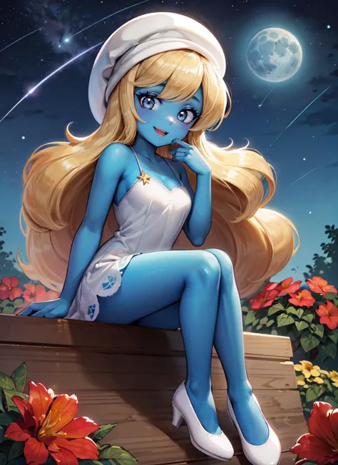 ((best quality)), ((highly detailed)), absurdres, detailed face, beautiful face, (detailed eyes, deep eyes), (1girl), full body, <lora:hairdetailer:.6>, <lora:smurfette_Character:.75>, smurfetteOC, blonde hair, very long hair, black eyes, colored skin, blu...
