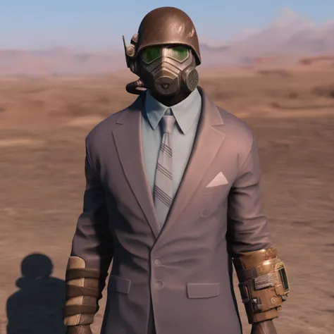 a close up of a person in a suit and tie in a desert