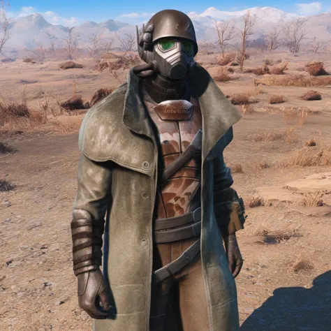 a close up of a person in a gas mask and a coat