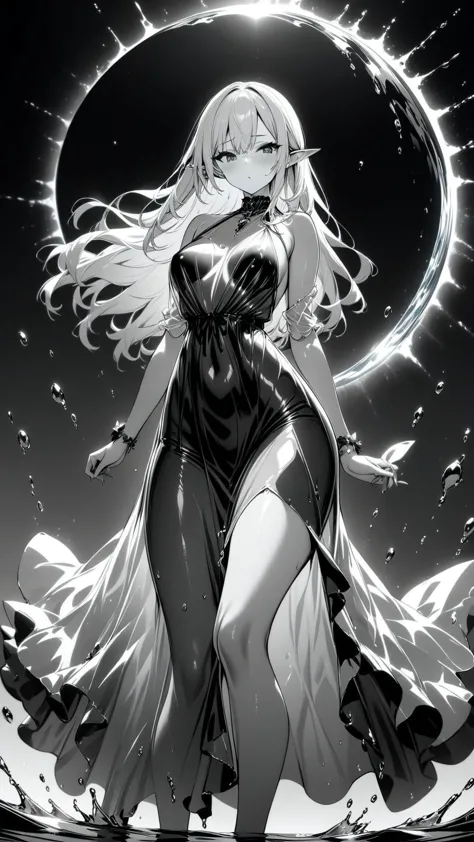 1girl, elf, pointy ears, long hair, ocean, white hair, standing on the water, (horizon:1.2), masterpiece, best quality, nsfw, (water dress, see-through dress), <lora:xl_water_dress-1.0:1>, monochrome, (black hole on the background), looking at viewer, <lora:extremely_detailed:1>, <lora:monochromeXL:2>