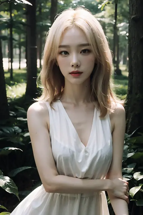 Best quality, masterpiece, ultra high res, (photorealistic:1.4), raw photo, 1girl, realistic, forest, closeup, looking at viewer, white dress, sleeveless, blonde hair