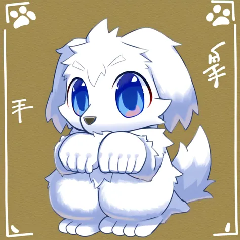 anime - style drawing of a white dog with blue eyes and paws