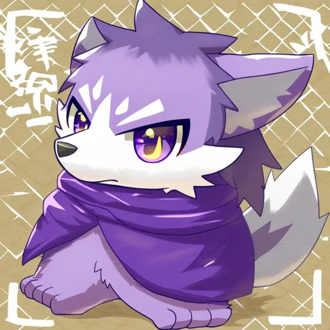 a close up of a cartoon cat wearing a purple scarf