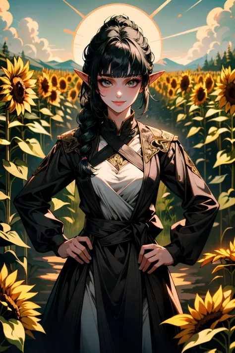 a woman standing in a field of sunflowers with a sun in the background