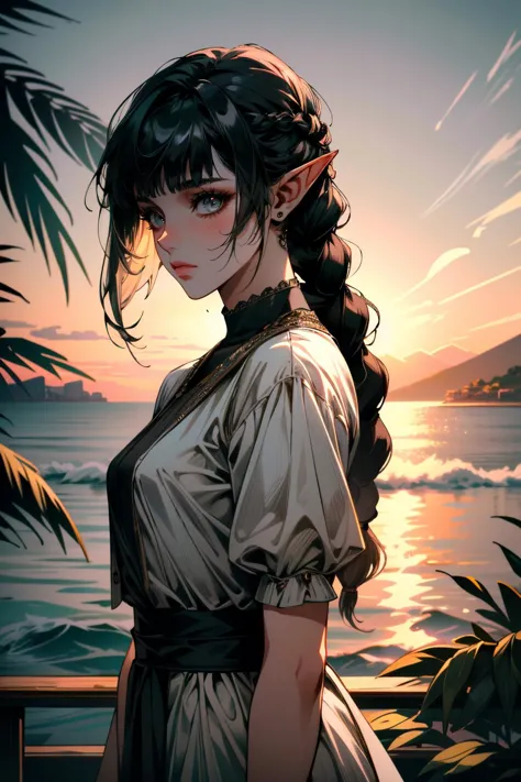 ((ultra detailed, masterpiece, absurdres))
 <lora:BGShadowH:0.8>
BGShadowH, 1girl, pointy ears, black hair, blunt bangs, braid, hair ornament, Palm-lined coastal boardwalk at sunrise, dynamic lighting