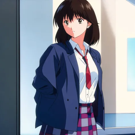 masterpiece, best quality,
solo, vivid color
 <lora:Misaki-002:0.8> 1girl, solo, brown eyes, black hair 
school uniform, white shirt, red checkered skirt, cardigan, blue jacket, necktie,
<lora:80sv1:0.5> 1980S \(STYLE\)