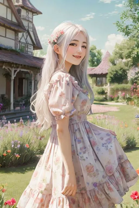 1girl, monet color, standing, blush, smile, cute, outdoors, (fantasy:1.3, majestic architecture:1.3), floral print, sundress, close shot, white hair, long hair, the whole body, oil painting, post-impressionist, soft lighting