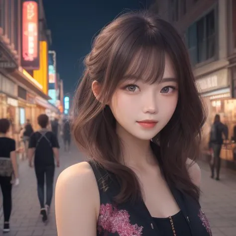 a close up of a woman standing on a street near a building