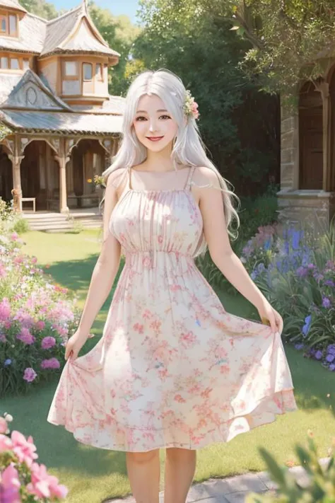 1girl, monet color, standing, blush, smile, cute, outdoors, (fantasy:1.3, majestic architecture:1.3), floral print, sundress, close shot, white hair, long hair, the whole body, oil painting, post-impressionist, soft lighting