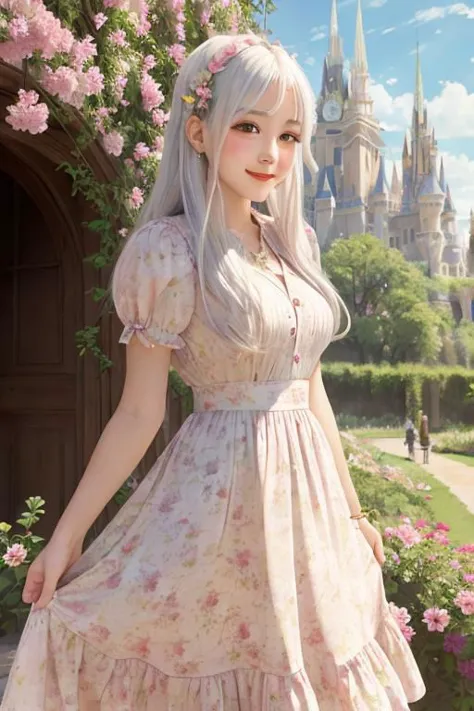 1girl, monet color, standing, blush, smile, cute, outdoors, (fantasy:1.3, majestic architecture:1.3), floral print, sundress, close shot, white hair, long hair, the whole body, oil painting, post-impressionist, soft lighting