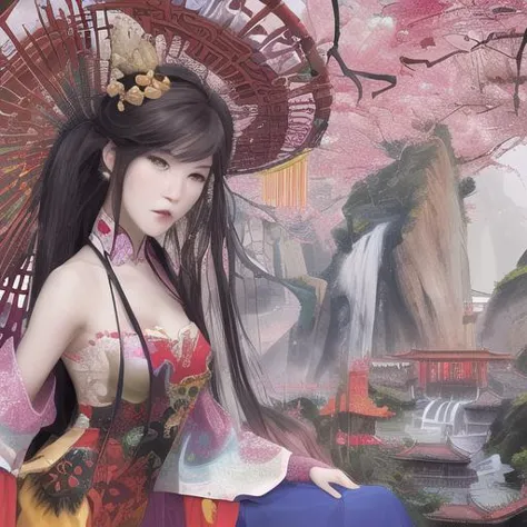 anime girl in a kimono dress with a red umbrella