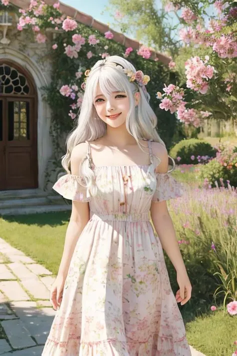 1girl, monet color, standing, blush, smile, cute, outdoors, (fantasy:1.3, majestic architecture:1.3), floral print, sundress, close shot, white hair, long hair, the whole body, oil painting, post-impressionist, soft lighting