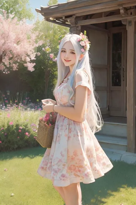 a woman with a basket of flowers standing in front of a house