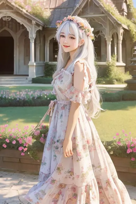 a woman in a dress and flower crown standing in front of a house