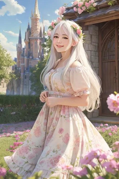 a woman in a dress standing in front of a castle