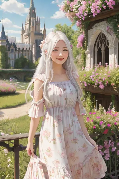 1girl, monet color, standing, blush, smile, cute, outdoors, (fantasy:1.3, majestic architecture:1.3), floral print, sundress, close shot, white hair, long hair, the whole body, oil painting, post-impressionist, soft lighting