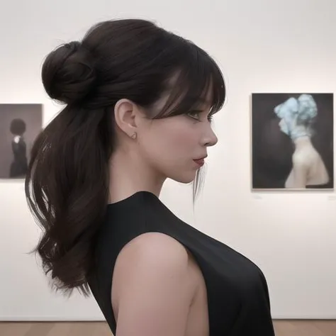 a woman in a black dress looking at a painting on a wall