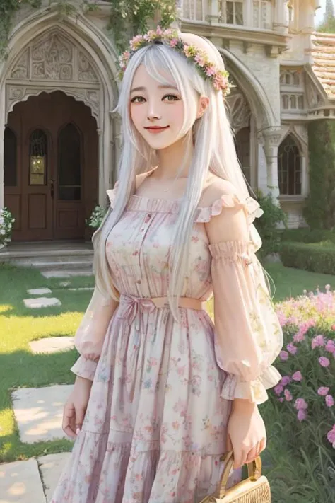 1girl, monet color, standing, blush, smile, cute, outdoors, (fantasy:1.3, majestic architecture:1.3), floral print, sundress, close shot, white hair, long hair, the whole body, oil painting, post-impressionist, soft lighting