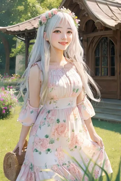 1girl, monet color, standing, blush, smile, cute, outdoors, (fantasy:1.3, majestic architecture:1.3), floral print, sundress, close shot, white hair, long hair, the whole body, oil painting, post-impressionist, soft lighting