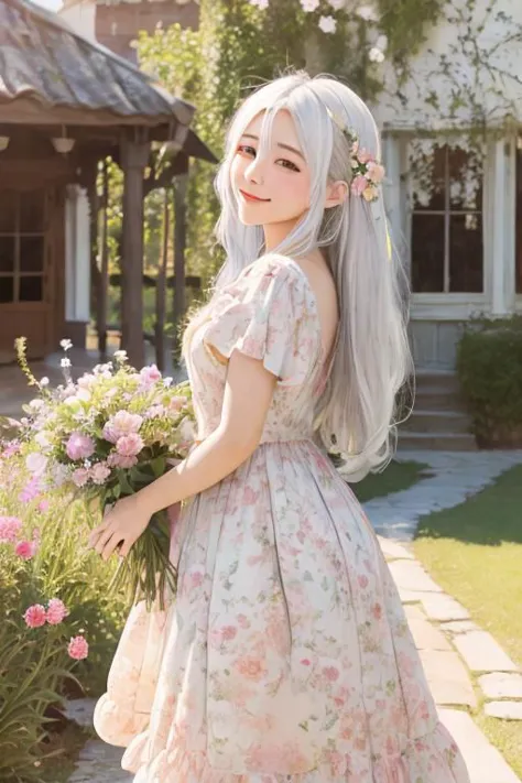 a woman with long white hair and a dress holding a bouquet