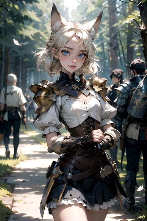 a woman in a corset and a cat ears outfit is standing in the woods