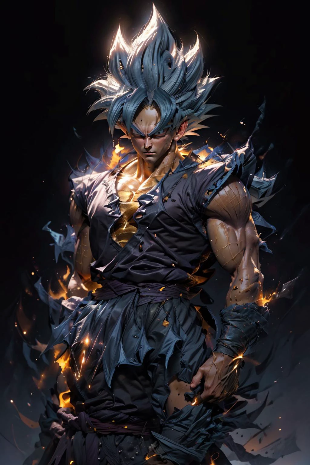 Create a detailed and hyper-realistic oil painting of Goku, the iconic warrior from the 'Dragon Ball' series, standing tall in his Super Saiyan transformation. Employ advanced oil painting techniques to achieve the utmost accuracy and beauty.
Position: Goku stands upright with his fists clenched at his sides, embodying the intensity of a warrior ready to fight.
Appearance: His long, golden-yellow hair is spiked up, reflecting the transformation to his Super Saiyan form. His eyes are stark white, filled with determination.
Aura: Surrounding Goku is a vibrant, yellow aura, symbolizing his immense power. This aura should be painted with layered glazes, allowing for depth and luminosity.
Electricity: Crackling around him are electric sparks. This should be captured with precise, fluid brushstrokes, creating a lifelike sense of movement and energy.
Facial Expression: His face is determined and focused, yet calm. The rendering of his facial features should be meticulous, capturing every nuance of his expression.
Musculature: Goku's muscular form should be depicted with careful attention to anatomical accuracy. Use a combination of glazing and impasto techniques to give the flesh a three-dimensional, tangible quality.
Clothing: He is dressed in his traditional orange fighting gi, torn and battle-worn. The fabric should be painted with finesse, capturing the play of light and shadow on the folds.
Background: Choose a simple, atmospheric background that does not distract from the central figure but complements and enhances the overall composition.
Techniques: Utilize a combination of techniques, such as layering, glazing, impasto, and scumbling, to achieve a rich and complex texture. The interplay of light and shadow should be carefully managed to convey a realistic three-dimensional effect.
Palette: Employ a carefully selected palette that complements Goku's Super Saiyan form, with golden yellows, deep shadows, and brilliant highlights.
The overall painting should not only depict Goku in his Super Saiyan form but also capture the essence of his character and the intensity of his power. It should be a masterpiece that any 'Dragon Ball' fan would instantly recognize and appreciate
(realistic:1.2), (realism), (masterpiece:1.2), (ultra detailed), (best quality), intricate, cinematic lighting, comprehensive cinematic, portrait photography, magical photography, (gradients), colorful, detailed landscape, cinematic bloom, 
 