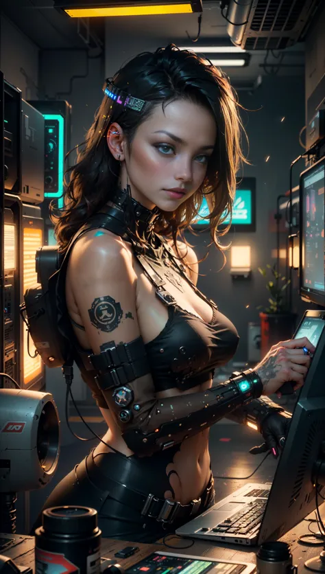 ((Best quality)), ((masterpiece)), (highly detailed:1.3), 3D, beautiful (cyberpunk:1.3) female hacker with thick voluminous hair operating a computer terminal, computer servers, LCD screens, fibre optic cables, corporate logos,HDR (High Dynamic Range),Ray Tracing,NVIDIA RTX,Super-Resolution,Unreal 5,Subsurface scattering,PBR Texturing,Post-processing,Anisotropic Filtering,Depth-of-field,Maximum clarity and sharpness,Multi-layered textures,Albedo and Specular maps,Surface shading,Accurate simulation of light-material interaction,Perfect proportions,Octane Render,Two-tone lighting,Low ISO,White balance,Rule of thirds,Wide aperature,8K RAW,Efficient Sub-Pixel,sub-pixel convolution,luminescent particles,  <lora:NijiExpressV2:0.6>