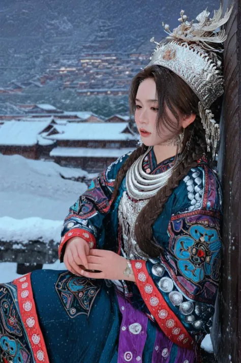 miaozu,Hmong,1girl,solo,jewelry,brown hair,architecture,ring,bracelet,east asian architecture,hair ornament,beads,brown eyes,outdoors,necklace,building,snow,long hair,sitting,dress,traditional clothes,earrings,lips,highres,extremely detailed,best quality,masterpiece,illustration,an extremely delicate and beautiful,extremely detailed,CG,unity,8k wallpaper,Amazing,finely detail,masterpiece,best quality,official art,extremely detailed CG unity 8k wallpaper,light on face,cinematic lighting,<lora:miaolan2-000018:1>,upper body,