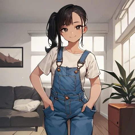 anime girl in overalls standing in a living room with a couch