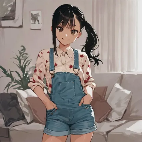 anime girl in overalls standing in front of a couch