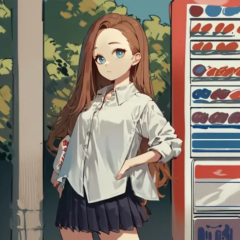 anime girl standing in front of a vending machine with a smile on her face