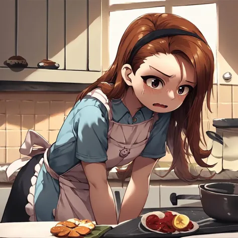 anime girl in apron preparing food in kitchen with pan and utensils