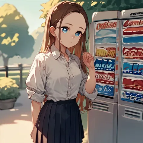 anime girl standing in front of vending machine with soda