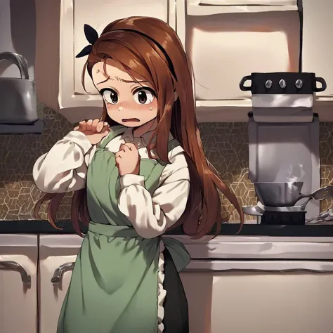 anime girl in green apron standing in kitchen with white cabinets